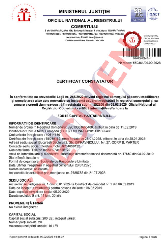 Specimen certificat constatator ONRC